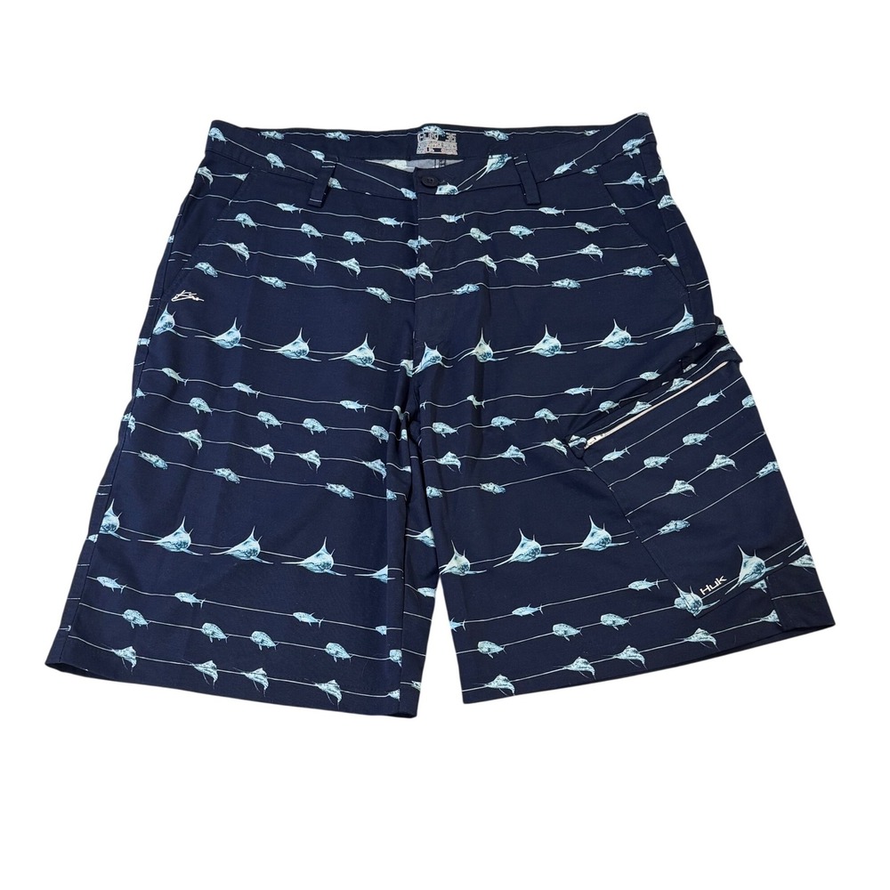 Huk Performance Fishing Shorts Mens 36 Navy Blue Marlin Tuna Print Beach‎